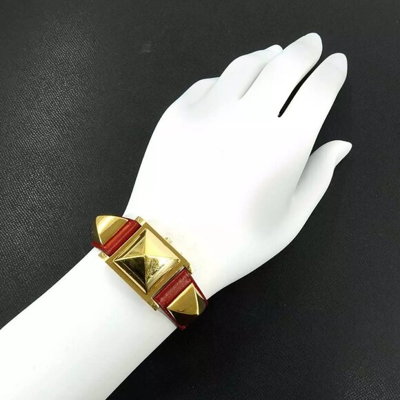 HERMES Medor Vintage pyramid Gold studs Quartz White Dial Ladies - Picture 1 of 13